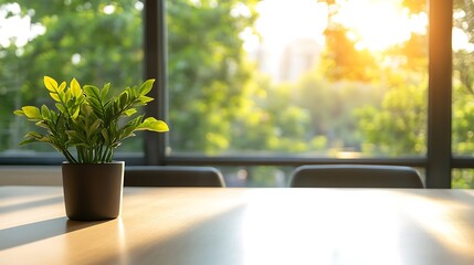 A potted plant sits on a wooden table in front of a large window with a blurred view of trees and a sunset.