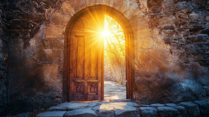 A weathered wooden door opens to a bright light, inviting adventure and new beginnings in a serene outdoor setting