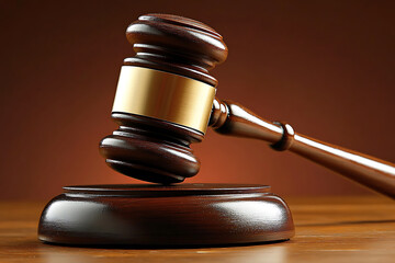 A judge's wooden gavel placed prominently on a surface, symbolizing court and justice 