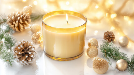A beautifully lit candle rests amidst pinecones and ornaments, creating a cozy holiday atmosphere