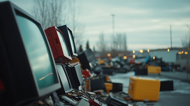 A row of discarded CRT monitors in a junkyard.