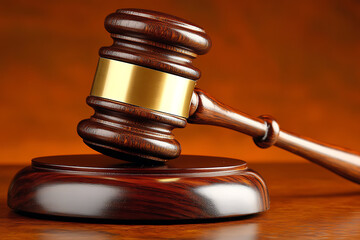 A judge's wooden gavel placed prominently on a surface, symbolizing court and justice 