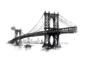 Manhattan Bridge in New York City United States America Famous suspension bridge in NYC USA, it connects Manhattan and Brooklyn by spanning the East River for travel. Image with vintage filter effect
