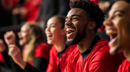 Fototapeta premium Cheering fans on a bench celebrate their team during an exciting game in a packed arena filled with energy and enthusiasm