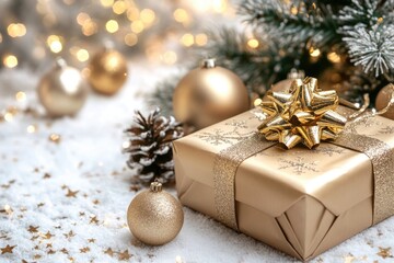 A gold gift box with a gold bow sits near a decorated Christmas tree