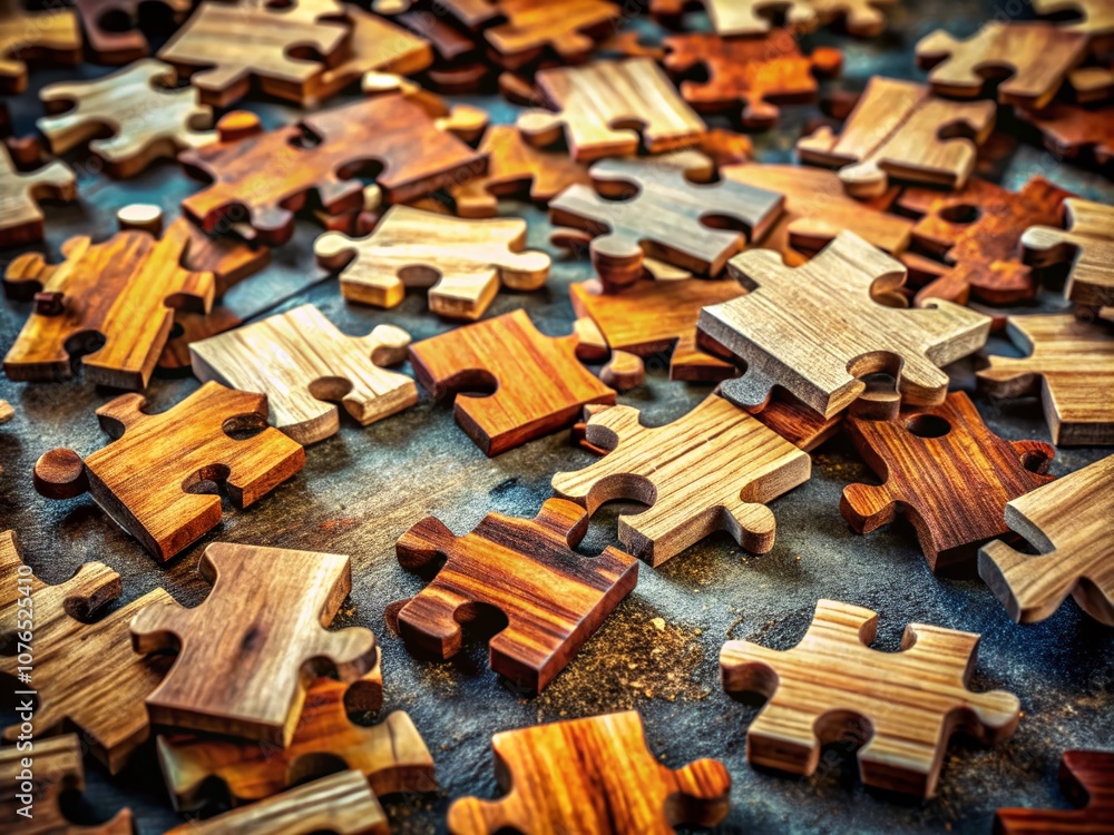Aufkleber Scattered Wooden Puzzle Pieces on Textured Surface Representing Complexity and Problem-Solving in a Long Exposure Capture