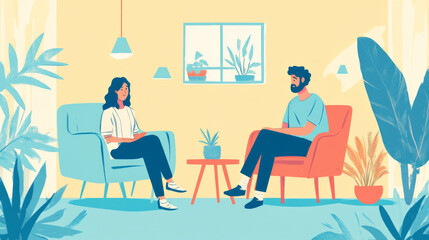 A client and therapist engage in conversation in a cozy office setting with plants and natural light