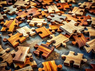 Scattered Wooden Puzzle Pieces on Textured Surface Representing Complexity and Problem-Solving in a Long Exposure Capture