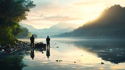 Two People Standing by a Polluted River at Sunrise, Surrounded by Nature and Trash
