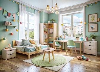 Fototapeta premium Scandinavian Style Child's Bedroom with Playful Pastels, Functional Furniture, and Wooden Toys for a Cozy and Inviting Atmosphere