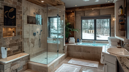 Beautiful Luxurious spa-like bathroom with a glass-enclosed shower