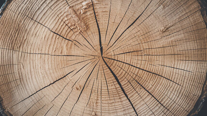 Fototapeta premium Close-up of an oak tree's cut surface, showing detailed wood grain, growth rings, and natural cracks, ideal for textures, backgrounds, or organic design projects. 