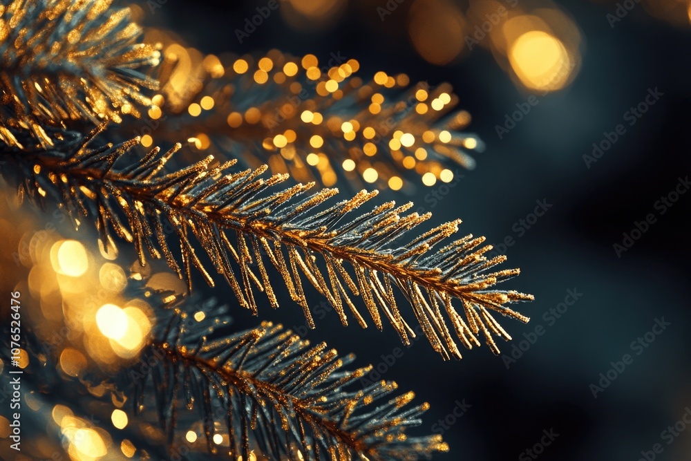 Poster a close-up view of a pine tree with string lights in the background