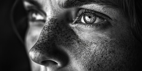Naklejka premium Close-up portrait of a woman with freckles, suitable for personal or professional use