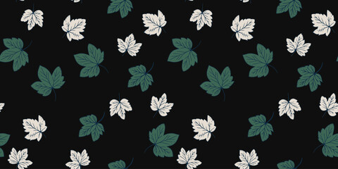 Minimalist seamless pattern featuring green and white leaves on a black background. The simple elegant design is perfect for fabric, wallpaper, packaging,  home decor, giving  natural, stylish touch.