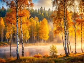 Fototapeta premium Serene Autumn Forest in Sweden: Sunlit Birch Trees Embraced by Misty Morning Light, Capturing the Tranquility of Nature's Beauty in a Double Exposure Photography Style