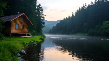 Fototapeta premium A wooden cabin sits on the bank of a misty river in a forest.
