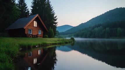 Fototapeta premium A wooden cabin sits on the shore of a still lake, reflecting the surrounding mountain scenery at dawn.