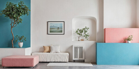 Modern minimalist living room with colorful abstract architecture, featuring vibrant elements and a serene atmosphere, showcasing a unique blend of colors and indoor plants to create artistic ambiance