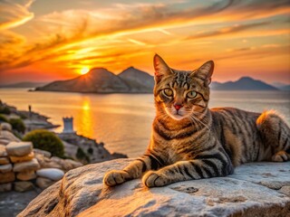 Obraz premium Serene Brown Tabby Cat Relaxing on Rocky Surface at Sunset Overlooking the Cyclades Islands in Greece, Capturing Tranquility and Natural Beauty in a Stunning Landscape