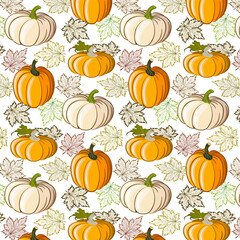 Leaves and pumpkins in a pattern.Vector seamless pattern with pumpkins and autumn leaves on transparent background.