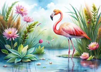 Serene Flamingo Standing in a Shallow Lagoon Surrounded by Water Lilies and Reeds – A Beautiful Watercolor Illustration for Nature and Wildlife Enthusiasts