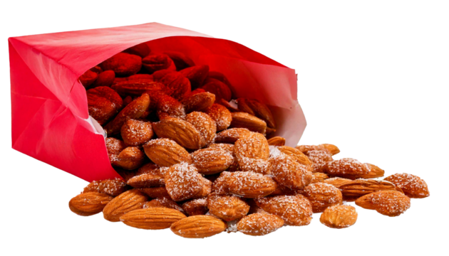 Roasted almonds with sugar and red paper bag background transparent PNG 