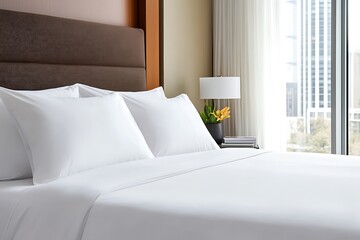 Close up of a pristine white hotel bed with crisp linens and fluffy pillows. The bed is positioned near a window with views of a modern city skyline.