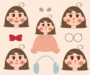 girl cartoon character, set of cartoon people, girl character for illustration with different emotions and accessories for hair, headphones, glasses