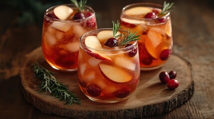 Winter hot sangria cocktail with red apples soft drink cranberry rosemary