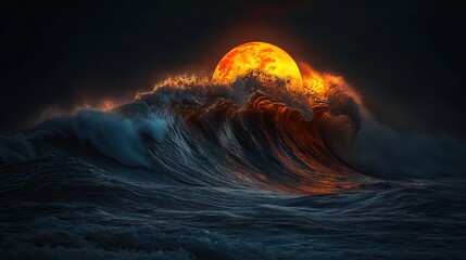 Fototapeta premium stunning ocean wave illuminated by vibrant orange moon