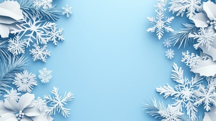 A beautiful winter landscape featuring intricate snowflakes and frost patterns on a calm blue background creates a peaceful ambiance. The delicate design evokes a sense of tranquility.