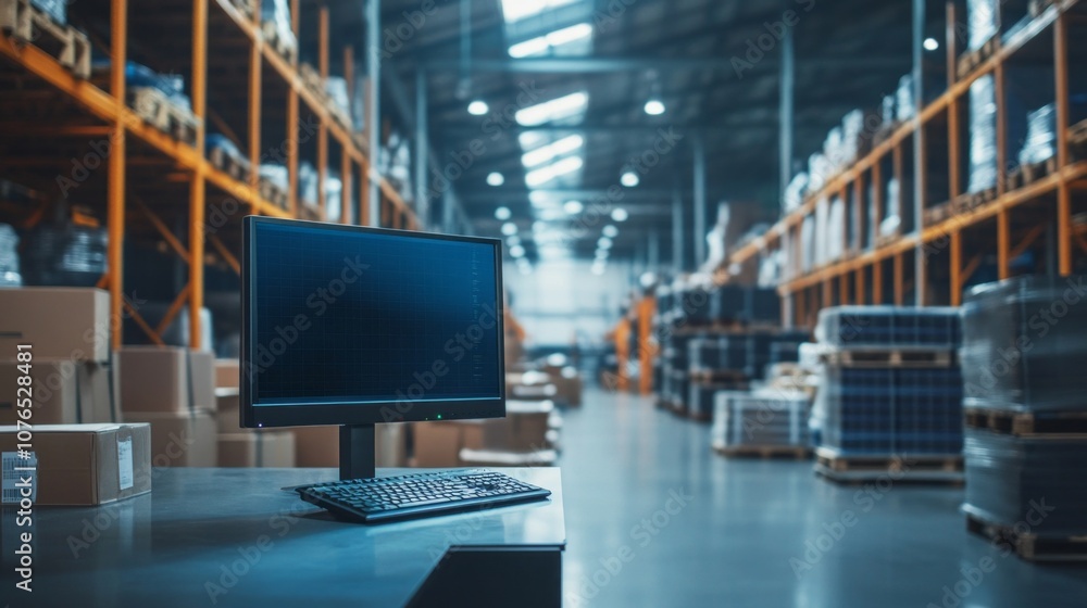 Aufkleber a computer monitor sits on a desk in a warehouse
