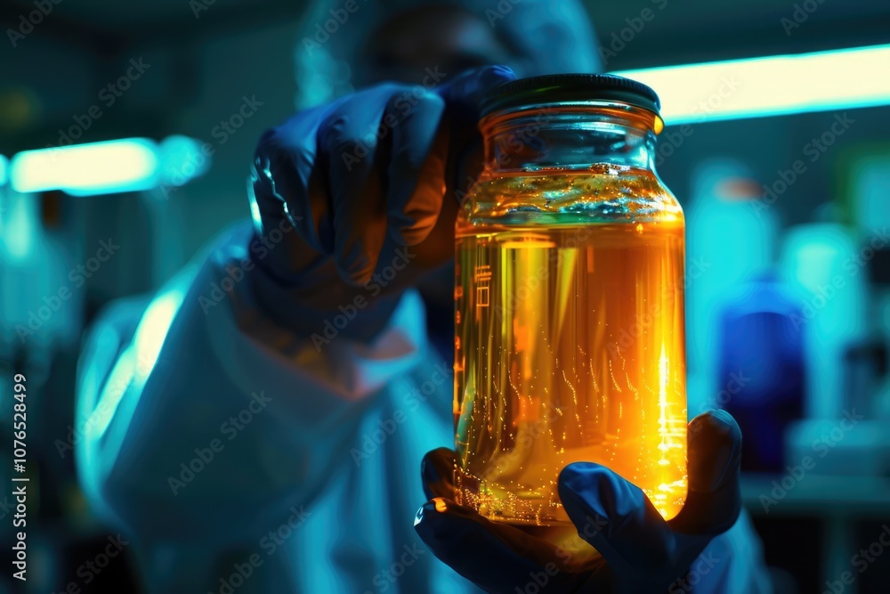 Poster a scientist holding a jar of liquid in a lab setting
