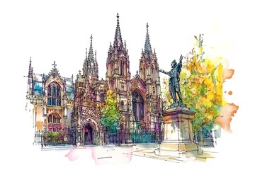 Obraz premium City Landmark of Edinburgh Capital of Scotland, UK. Watercolor splash with hand drawn sketch illustration in vector. 