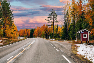 Asphalt road with red bus stop and colorful forest at sunset in autumn Finland.