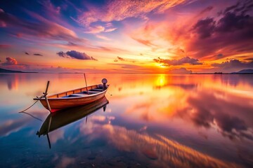 Serene Long Exposure of a Boat Silhouetted Against a Boho Sunset with Warm Color Palette and Abstract Background, Perfect for Tranquil Nature and Travel Themes