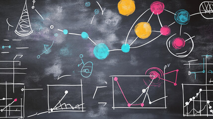 Mathematical graphs and formulas drawn in white on a chalkboard background, with some elements highlighted in bright colors