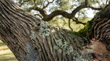 Fototapeta premium Close-up of rugged oak tree bark texture with deep grooves and natural patterns, perfect for nature backgrounds, organic textures, or rustic design elements. 