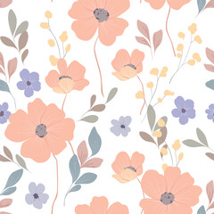 Seamless floral pattern, abstract ditsy tile print of large and small wild plants. Delicate botanical design in pastel colors, hand drawn pink flowers, herbs, leaves. Vector illustration.