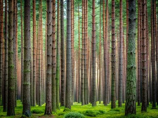 Serene Minimalist Photography of Pine Trunks Surrounded by Lush Greenery in a Dense Forest Setting, Evoking Tranquility and Nature's Beauty for Home or Office Decor