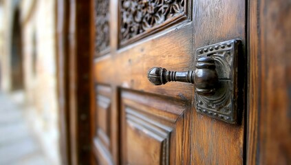 Obraz premium Close-Up of an Intricately Carved Wooden Door Showcasing Craftsmanship and Artistry