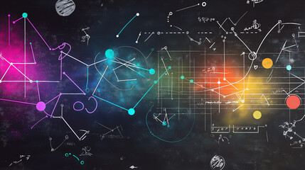 Mathematical graphs and formulas drawn in white on a chalkboard background, with some elements highlighted in bright colors
