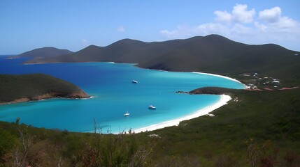 Aerial View of a Pristine Tropical Bay with Boats and a White Sand Beach