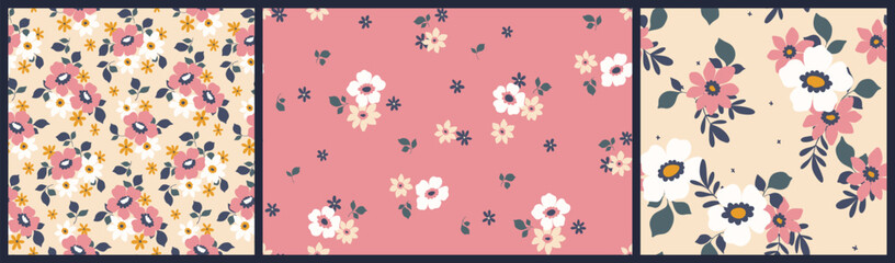 Seamless floral pattern, liberty ditsy print, abstract nature ornament with simple plants. Cute botanical design in delicate coros, small hand drawn flowers, tiny leaves, bouquets. Vector illustration