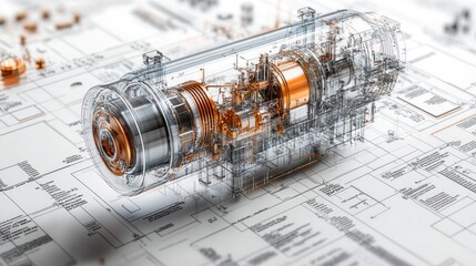 Transparent 3D Model of a Complex Machine on a Blueprint