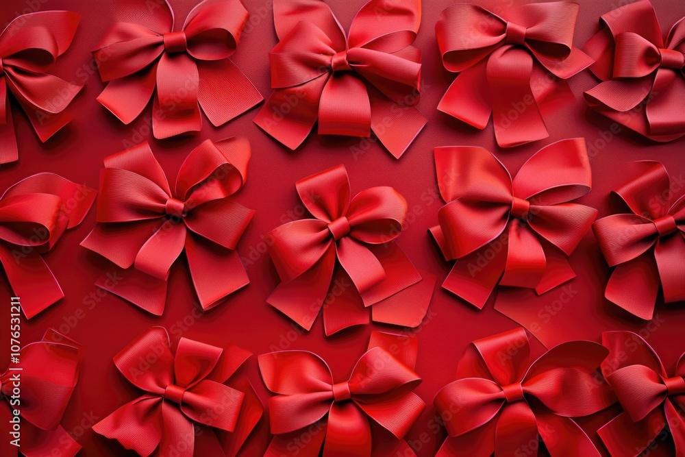 Poster a collection of bright red bows arranged on a matching red surface, ideal for creative projects and 