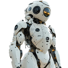 White humanoid robot with glowing lights isolated on transparent background.