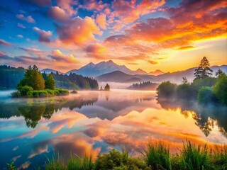 Serene Panoramic Sunrise Over Misty Mountains: A Captivating Good Morning Landscape with Vibrant Colors and Tranquil Atmosphere for Nature Lovers and Travel Enthusiasts