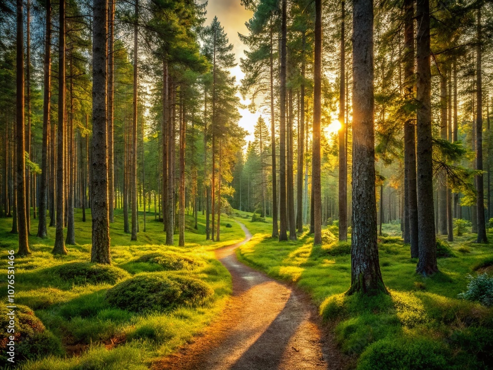 Poster serene path through majestic pine and fir forest in sweden with lush greenery and sunlight filtering